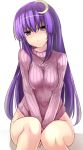 1girl between_legs blush bottomless crescent crescent_hair_ornament full-face_blush hair_ornament hand_between_legs head_tilt janne_cherry long_hair long_sleeves looking_at_viewer parted_lips patchouli_knowledge purple_hair ribbed_sweater simple_background sitting solo sweater touhou turtleneck violet_eyes white_background 