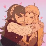  2girls blonde_hair brown_hair closed_eyes fire_emblem fire_emblem_if hug koyorin long_hair multiple_girls one_eye_closed ophelia_(fire_emblem_if) soleil_(fire_emblem_if) yellow_eyes 