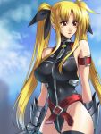  1girl bardiche belt black_legwear blonde_hair breasts covered_nipples fate_testarossa gauntlets hair_ribbon large_breasts leotard long_hair looking_to_the_side lyrical_nanoha magical_girl mahou_shoujo_lyrical_nanoha mahou_shoujo_lyrical_nanoha_strikers parted_lips red_eyes ribbon rindou_akira solo thigh-highs twintails very_long_hair 