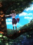  1girl back black_legwear blue_sky bow brown_hair cellphone checkered checkered_skirt clouds collared_shirt dappled_sunlight floating_hair from_behind geta hat highres himekaidou_hatate holding_phone in_tree kneehighs outdoors outstretched_arm phone purple_bow shade shirt short_sleeves shuutsu skirt sky solo standing sunlight tengu-geta tokin_hat touhou tree tree_shade twintails white_shirt wind 