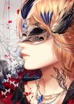  1girl beads blonde_hair blood blood_stain butterfly chain closed_mouth creamsea cross crystal feathers flat_chest grey_background hair_beads head_wings jewelry lips mask necklace original portrait profile red_flower red_lips solo splatter string tattoo watermark web_address 