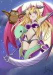  1girl 2014 artist_name benchen06 bird blonde_hair breasts demon_girl demon_wings fang gloves horns lilith_(p&amp;d) long_hair moon owl pointy_ears puzzle_&amp;_dragons scythe snake solo violet_eyes wings 