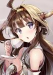  1girl ahoge bare_shoulders brown_hair cup detached_sleeves double_bun hairband headgear japanese_clothes kakao_rantan kantai_collection kongou_(kantai_collection) long_hair looking_at_viewer nontraditional_miko open_mouth ribbon-trimmed_sleeves ribbon_trim saucer solo tea teacup violet_eyes 