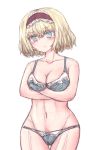  1girl alice_margatroid blonde_hair blue_eyes blush bra breast_hold breasts collarbone commentary crossed_arms curvy expressionless groin hairband hbkhk2007 highres hips lace-trimmed_bra lace-trimmed_panties light_frown lolita_hairband lowleg lowleg_panties navel panties short_hair sketch solo toned touhou tsurime underwear 