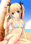  1girl arm_up barefoot beach bikini blonde_hair blue_eyes child clouds collarbone crossed_legs dead_or_alive hair_ornament hairclip highres iori1112 long_hair marie_rose navel ocean outdoors ribbon side-tie_bikini sitting sky small_breasts smile solo striped striped_bikini swimsuit tree twintails very_long_hair younger 