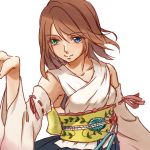  1girl blue_eyes brown_hair detached_sleeves final_fantasy final_fantasy_x green_eyes heterochromia highres japanese_clothes jewelry necklace short_hair solo staff weapon yuna_(ff10) 