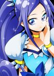  1girl black_background blue_bow blue_eyes blue_hair bow bracelet brooch choker cure_diamond dokidoki!_precure expressionless hand_on_own_face hishikawa_rikka jewelry long_hair looking_at_viewer magical_girl ninomae ponytail precure puffy_sleeves solo sparkle upper_body 