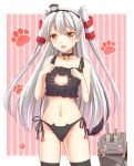  1girl :o alternate_costume amatsukaze_(kantai_collection) ass_visible_through_thighs bangs bell bell_choker black_bra black_legwear black_panties blush blush_stickers bra breasts brown_eyes cat_cutout cat_ear_panties cat_lingerie cat_paws choker cleavage cleavage_cutout clenched_hand collarbone colored_stripes cowboy_shot embarrassed frilled_bra frills hair_tubes hairband headgear jingle_bell kantai_collection legs_apart lingerie long_hair looking_at_viewer machinery navel o_o ookawa_wataru open_mouth outside_border panties parted_bangs paw_print paws pink_background raised_eyebrows rensouhou-kun robot silver_hair small_breasts standing striped thigh-highs turret underwear underwear_only vertical-striped_background vertical_stripes very_long_hair 