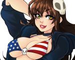  1girl american_flag_bikini arm_up ashley_ann_swaby bikini bikini_top breasts brown_hair choker cleavage commentary eyebrows eyebrows_visible_through_hair eyeliner flag_print genderswap green_eyes hair_ornament heart heart-shaped_pupils hood hoodie large_breasts lipstick long_hair looking_at_viewer makeup matt_(tbfp) mtf open_clothes skindentation skull_hair_ornament smile solo swimsuit symbol-shaped_pupils two_best_friends_play 
