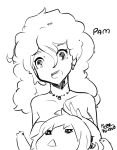  2girls character_name earrings jewelry monochrome multiple_girls necklace open_mouth pam_(stardew_valley) penny_(stardew_valley) pupoo_(artist) signature smile stardew_valley triangle_mouth 