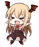  &gt;_&lt; 1girl :d bat_wings bell_(oppore_coppore) blonde_hair blush chibi closed_eyes commentary_request fang frilled_skirt frills granblue_fantasy head_wings long_hair long_sleeves open_mouth outstretched_arms pointy_ears shirt skirt smile solo spread_arms vampire vampy wings xd 