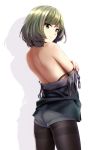  1girl absurdres bare_back black_bra black_legwear blue_eyes bra fringe green_eyes green_hair heterochromia highres idolmaster idolmaster_cinderella_girls infinote legwear_under_shorts looking_at_viewer mole mole_under_eye pantyhose short_hair shorts simple_background smile solo takagaki_kaede thighband_pantyhose underwear undressing white_background 