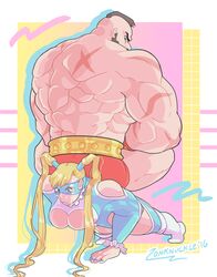  1boy 1girl blonde_hair frown highres push-ups rainbow_mika sitting sitting_on_person street_fighter street_fighter_v twintails zangief zonknuckle 