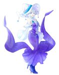  1girl blue_eyes detached_sleeves dress florges full_body hat high_heels kgbt_i long_hair open_mouth personification pokemon purple_dress purple_shoes shoes solo standing white_background white_hair 