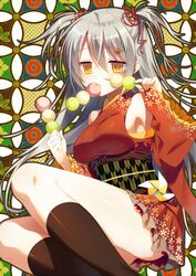  1girl bare_shoulders breasts dango food grey_hair hair_ornament hairpin japanese_clothes long_hair mouth_hold obi original pinwheel sash shoulder_cutout sideboob skewer solo two_side_up wagashi wide_sleeves yellow_eyes yoruneko 