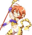  1girl animal_ears breasts breath_of_fire breath_of_fire_ii bustier cat_ears cat_tail facial_mark furry gloves green_eyes kingetsu_mikoto no_panties no_pants orange_hair pointy_ears redhead rinpoo_chuan short_hair solo staff tail 
