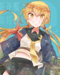  1girl blonde_hair crescent itomugi-kun jacket kantai_collection long_hair looking_at_viewer navel neckerchief open_mouth remodel_(kantai_collection) satsuki_(kantai_collection) school_uniform serafuku simple_background skirt smile solo teeth turret twintails wristband yellow_eyes 