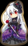  1girl 2015 ahoge blush breasts caffein character_name chibi dress gloves hat long_hair looking_at_viewer microphone microphone_stand mini_hat mini_top_hat red_eyes silver_hair smile solo top_hat vocaloid voyakiloid yowane_haku 