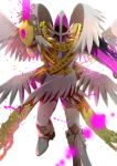  angel angel_wings armor armored_boots backlighting belt boots covered_eyes digimon feathered_wings feathers helmet magnaangemon multiple_wings no_humans solo weapon white_wings wings winni 