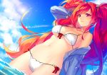  1girl absurdres bikini blue_sky breasts clouds dejiaaru dutch_angle gradient_hair hair_ornament highres long_hair looking_at_viewer multicolored_hair open_clothes open_shirt original red_eyes redhead shirt side-tie_bikini sky smile solo standing swimsuit twintails two_side_up under_boob undressing very_long_hair 