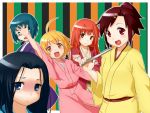  5girls ahoge black_hair blush breasts brown_hair character_request fan joshiraku long_hair multiple_girls onsoku_maru open_mouth ponytail redhead short_hair 