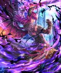  1girl arched_back arm_up belt blue_eyes buckle closed_mouth demon_girl demon_horns demon_wings electricity from_behind fur_trim gauntlets gem glowing glowing_weapon horns lips long_hair looking_at_viewer glassesking official_art outdoors pillar pink_hair pointy_ears shingoku_no_valhalla_gate slashing solo spikes standing sword tsurime very_long_hair weapon wings 