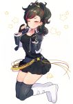  1girl belt black_hair black_legwear boots breasts closed_eyes ensemble_stars! fingerless_gloves genderswap gloves grin large_breasts long_hair mtf multicolored_hair nagumo_tetora pleated_skirt redhead rinndouk skirt smile solo thigh-highs white_boots 