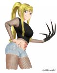  1girl blonde_hair blue_eyes cutoffs earrings fishnet_legwear fishnet_pantyhose fishnet_top fishnets fullmetal_alchemist highres jewelry katzueki long_hair lust navel pantyhose ponytail signature solo tank_top tattoo winry_rockbell 