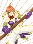  1girl animal_ears blush breasts breath_of_fire breath_of_fire_ii bustier cat_ears cat_tail claws cleavage facial_mark full_body furry gloves green_eyes hakuyou-choun highres no_panties no_pants orange_hair pointy_ears redhead rinpoo_chuan sharp_toenails short_hair solo staff striped tail 