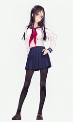  1girl black_hair blue_eyes hand_on_hip highres loafers long_hair looking_at_viewer md5_mismatch murakami_suigun original pantyhose parted_lips pleated_skirt school_uniform shoes skirt smile solo 