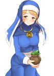  1girl bangs blonde_hair blue_dress blush breasts closed_mouth cowboy_shot dragon_quest_builders dress eru_(dgb) eyebrows eyebrows_visible_through_hair eyelashes habit holding jewelry long_sleeves looking_at_viewer necklace nun plant potted_plant ring_necklace sash simple_background smile solo swept_bangs white_background yatsu_(sasuraino) yellow_eyes 