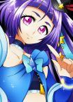 1girl arm_warmers black_background black_hat blue_bow bow choker cure_magical hat izayoi_liko long_hair looking_at_viewer magical_girl mahou_girls_precure! mini_hat mini_witch_hat ninomae precure purple_hair sapphire_(stone) sapphire_style smile solo sparkle upper_body violet_eyes witch_hat 