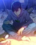  1boy alley bad_id black_hair bottle box cardboard_box glass_bottle hood hoodie indian_style karacoroxx male_focus matsuno_ichimatsu osomatsu-kun osomatsu-san shaded_face sitting socks solo trash_bag 