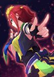  1girl akita_hika armlet breasts closed_mouth cowboy_shot dutch_angle fingerless_gloves from_side gloves idol_clothes kaname_buccaneer looking_at_viewer macross macross_delta md5_mismatch necktie pointing pointing_at_viewer profile redhead short_hair sidelocks smile solo sparkle 