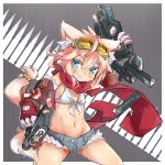  1girl :d animal_ears aqua_eyes bikini_top cat_ears cat_hair_ornament clenched_teeth detached_sleeves eyebrows eyebrows_visible_through_hair flat_chest front-tie_top gauntlets goggles goggles_on_head gun hair_ornament handgun long_ponytail magazine midriff navel open_mouth original pink_hair pistol ponytail scarf sharp_teeth short_shorts shorts smile solo tail teeth thick_eyebrows thighs tomcat_(moconeko) weapon 