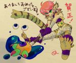  1girl animal_ears anzuni_(marblefrog) breasts breath_of_fire breath_of_fire_ii bustier cat_ears cat_tail facial_mark furry gloves green_eyes no_panties no_pants orange_hair pointy_ears redhead rinpoo_chuan sharp_toenails short_hair slime solo staff tail 