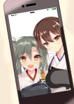  2girls absurdres brown_hair cellphone green_hair highres japanese_clothes kaga_(kantai_collection) kantai_collection looking_at_viewer md5_mismatch multiple_girls muneate open_mouth phone self_shot smartphone smile verdy yellow_eyes zuikaku_(kantai_collection) 