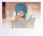  1girl ahoge bandaid bandaid_on_nose blue_eyes blue_hair bread bread_in_mouth eating food hjl long_hair newspaper open_mouth original sketch solo time 