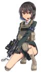  1girl armband boots brown_eyes brown_hair dreadtie gloves gun hair_ornament hairclip headset highres holding holding_gun holding_weapon imi_uzi knee_pads kneeling load_bearing_vest machine_pistol miniskirt plate_carrier pleated_skirt reflex_sight serious simple_background skirt solo submachine_gun uniform vest weapon white_background 