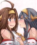  2girls ahoge bare_shoulders black_hair blue_eyes blush brown_eyes brown_hair detached_sleeves fang hair_ornament hairband hairclip hand_on_breast haruna_(kantai_collection) headgear japanese_clothes kantai_collection kongou_(kantai_collection) long_hair looking_at_another multiple_girls nontraditional_miko open_mouth remodel_(kantai_collection) ribbon-trimmed_sleeves ribbon_trim teeth yumesato_makura yuri 