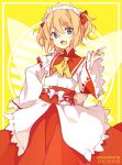  1girl artist_name ascot blonde_hair blue_eyes bow dress fairy fairy_wings fang hair_bow hand_on_hip headdress index_finger_raised maid_headdress obi okono ribbon sash sleeves_past_wrists solo sunny_milk touhou two_side_up wings 
