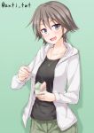  1girl anti_(untea9) blue_eyes blush brown_hair casual commentary_request cup hiei_(kantai_collection) highres hood hoodie jewelry kantai_collection looking_at_viewer necklace no_hairband open_mouth shaved_ice short_hair solo spoon 