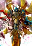  angel angel_wings armor armored_boots backlighting boots breastplate claws digimon dragon feathered_wings full_armor gauntlets golden_wings green_eyes helmet horns magnadramon multiple_wings no_humans pauldrons seraphimon sharp_teeth snout teeth white_wings wings winni 