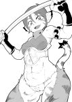  1girl abs animal_ears breasts breath_of_fire breath_of_fire_ii bustier cat_ears cat_tail facial_mark furry gloves monochrome no_panties no_pants pointy_ears rinpoo_chuan short_hair solo sword tail weapon yuma_ryouhei 