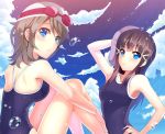  2girls absurdres arm_up armpits back bangs bare_shoulders black_hair blue_eyes blue_swimsuit blunt_bangs blush breasts clouds competition_school_swimsuit day from_side goggles goggles_on_head grey_hair hair_ornament hairclip hand_on_ankle hand_on_hip highleg highleg_swimsuit highres knees_up kurosawa_dia large_breasts legs long_hair love_live! love_live!_sunshine!! multiple_girls one-piece_swimsuit outdoors parted_lips school_swimsuit short_hair sidelocks sitting sky slender_waist swim_cap swimsuit watanabe_you water_drop wintersteam 