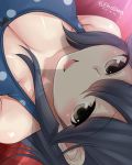  1girl black_hair blasowa breasts brown_eyes cleavage dated from_above highres kantai_collection looking_up one-piece_swimsuit open_mouth polka_dot polka_dot_swimsuit shadow smile solo swimsuit twitter_username ushio_(kantai_collection) 