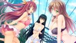  3girls artist_request ass bikini bikini_skirt black_hair breasts brown_hair character_request covered_nipples crossed_arms green_eyes halter_top halterneck highres large_breasts long_hair multiple_girls navel open_mouth red_eyes redhead sarong smile swimsuit two_side_up yellow_eyes 