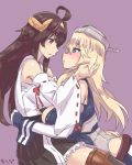  2girls ahoge bare_shoulders blonde_hair blush boots breasts brown_hair detached_sleeves double_bun evuoaniramu gloves hairband headgear heart heart-shaped_pupils iowa_(kantai_collection) kantai_collection kongou_(kantai_collection) large_breasts long_hair miniskirt multiple_girls nontraditional_miko ribbon-trimmed_sleeves ribbon_trim simple_background sketch skirt smile symbol-shaped_pupils thigh-highs thigh_boots violet_eyes yuri 
