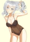  1girl bare_shoulders blue_eyes blush bra breasts cleavage covered_navel hand_in_hair highres kantai_collection kashima_(kantai_collection) lace-trimmed_bra lingerie open_mouth see-through silver_hair solo throtem twintails underwear wavy_hair 