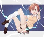  1girl biribiri brown_eyes brown_hair hair_ornament hairpin kneehighs legs looking_at_viewer misaka_mikoto nesume open_clothes school_uniform shoes short_hair short_shorts shorts shorts_under_skirt skirt solo sweater_vest to_aru_kagaku_no_railgun to_aru_majutsu_no_index white_legwear 